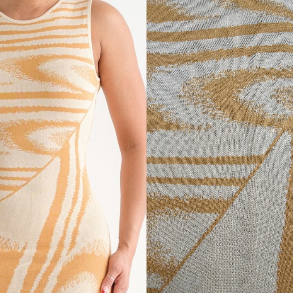 Wave Jacquard Dress Mustard Beige S M L New - Picture 1 of 7